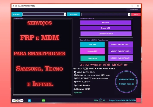 MD UNLOCK PRO TOOL v1.0-funções  FRP e MDM Samsung, Tecno e Infinix.